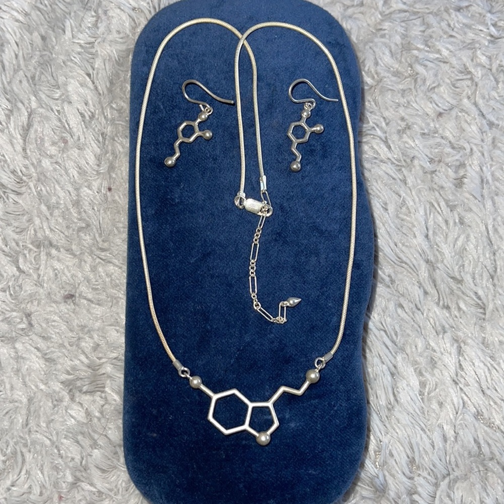 Sterling Silver Dopamine/Serotonin Chemical structure necklace & earrings.